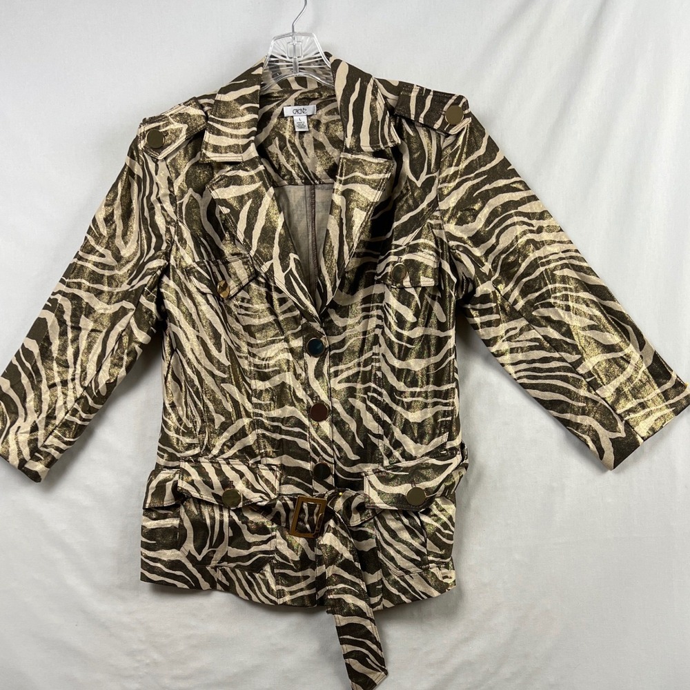 Cache Safari Jacket Womens Large Gold Brown Metallic Zebra Print Linen Belted